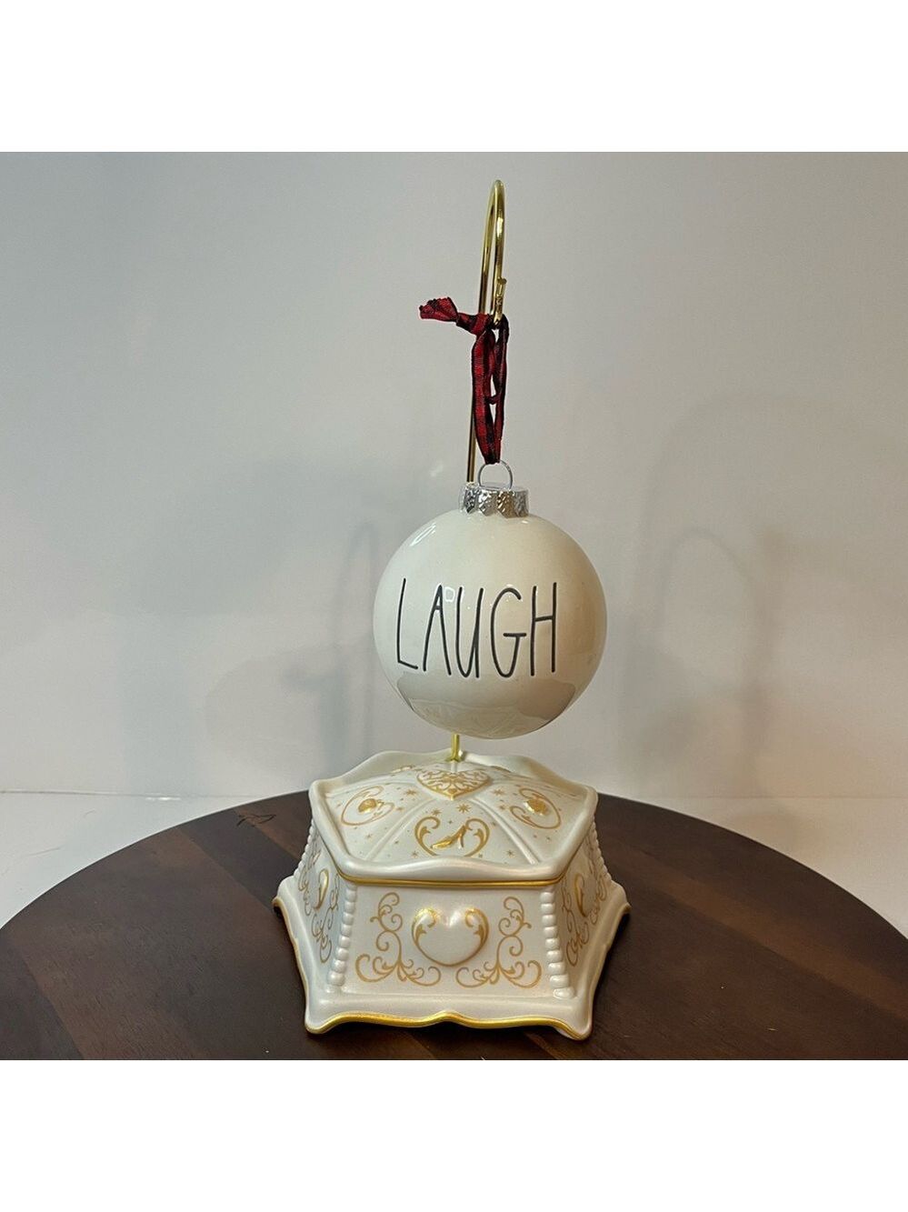Rae Dunn “LAUGH” Christmas Ornament – White Ceramic with Plaid Ribbon